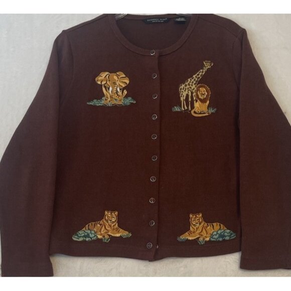 Reference Point Animal Cardigan Sweater Giraffe Lion Tiger Elephant Sz M Safari - Picture 3 of 8